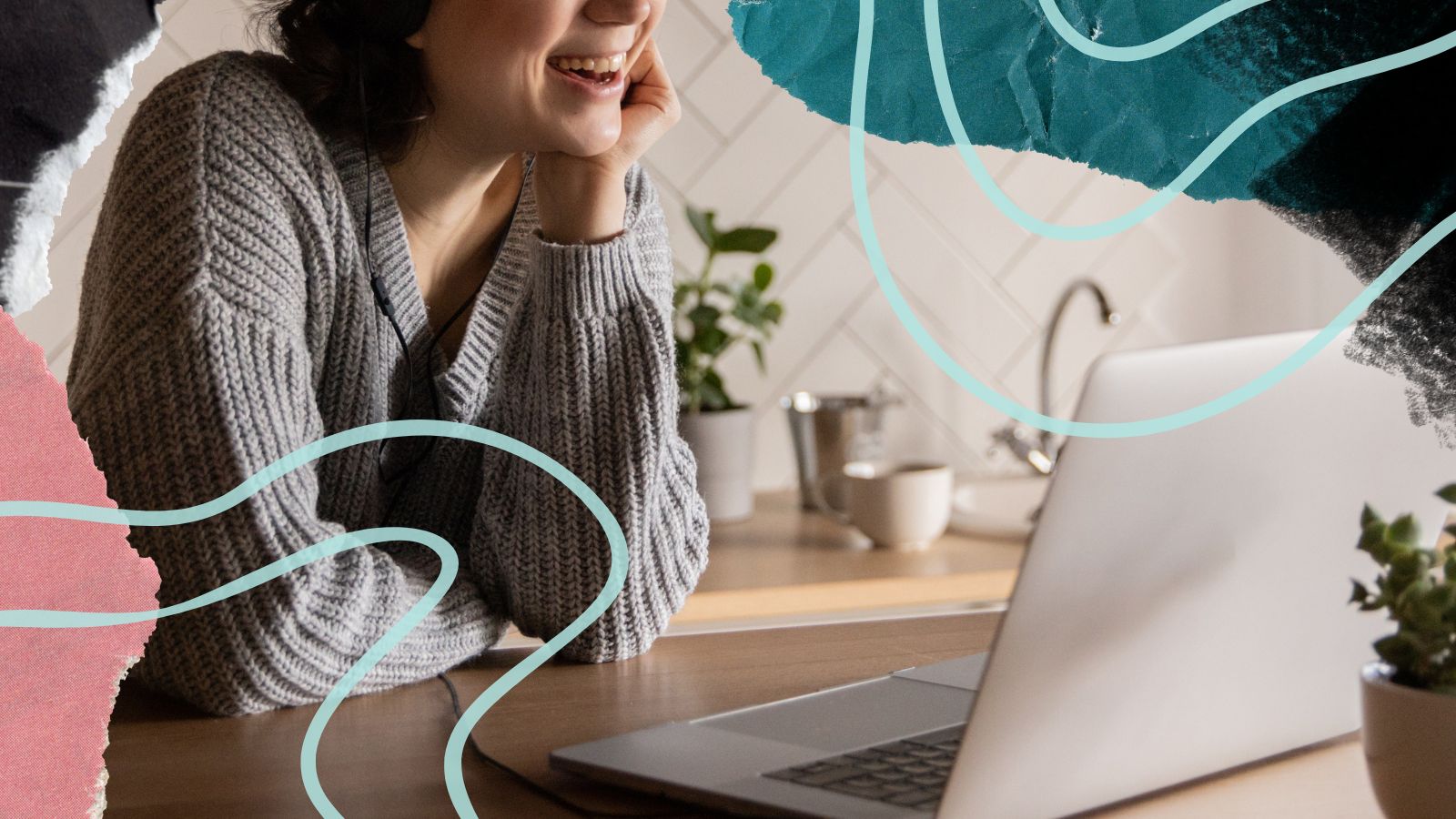 A photography depicting a person smiling at the laptop during a video call. A collage style frame is displayed around the photography. 