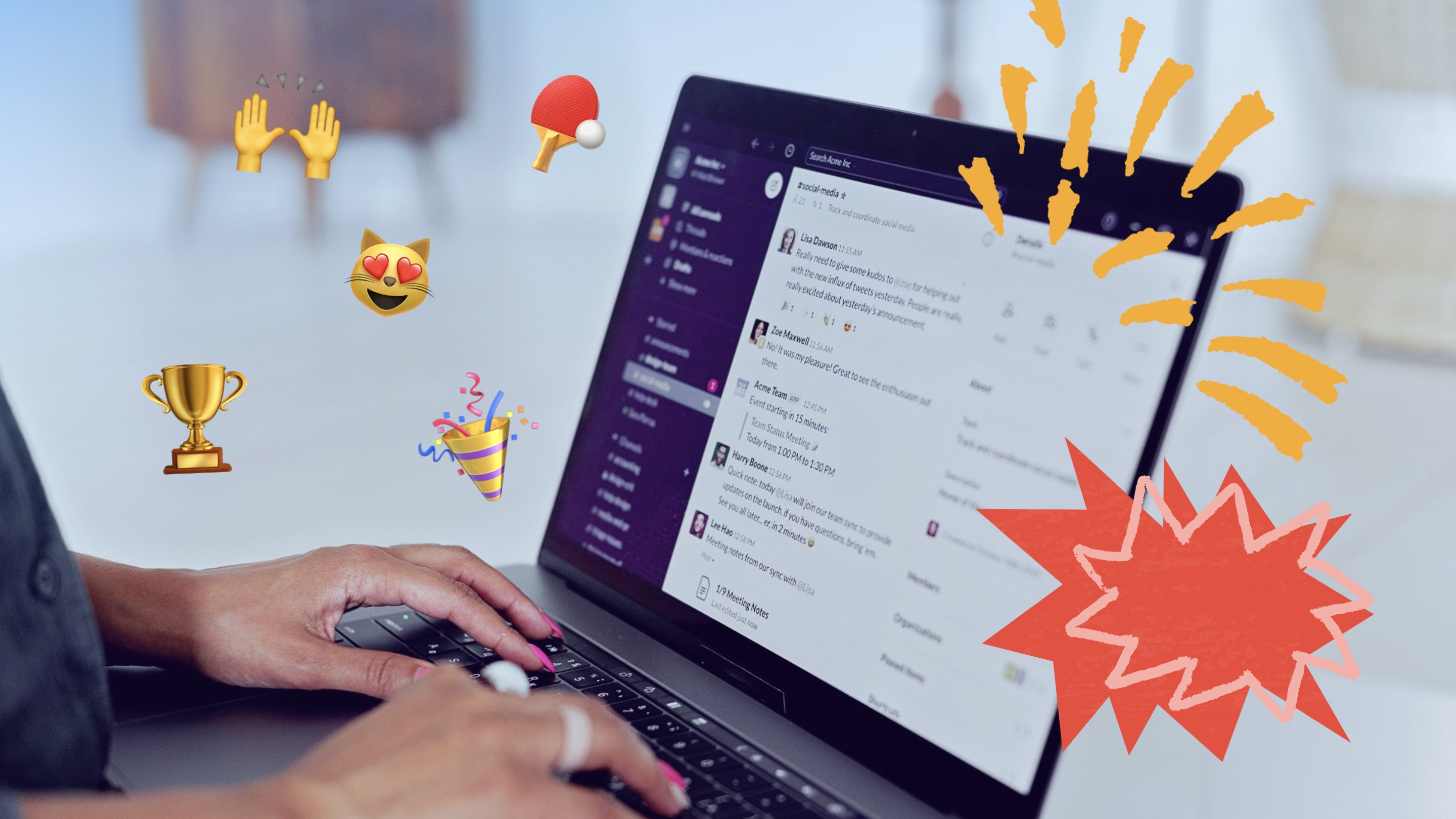 A close-up view of a woman using her laptop, displaying a team chat in the Slack app. The top layer of the image features speech bubbles and emojis, illustrating active communication.