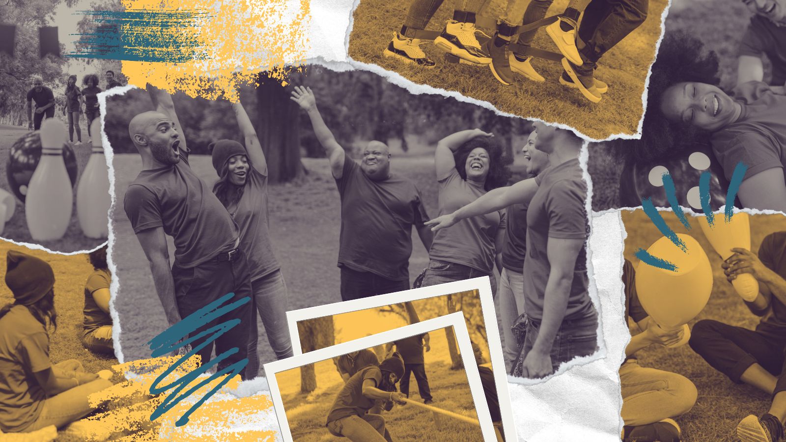 A collage of torn photo images of a team of people playing games outside. They are enthusiastic and playing games like tug-of-war and lawn bowling.