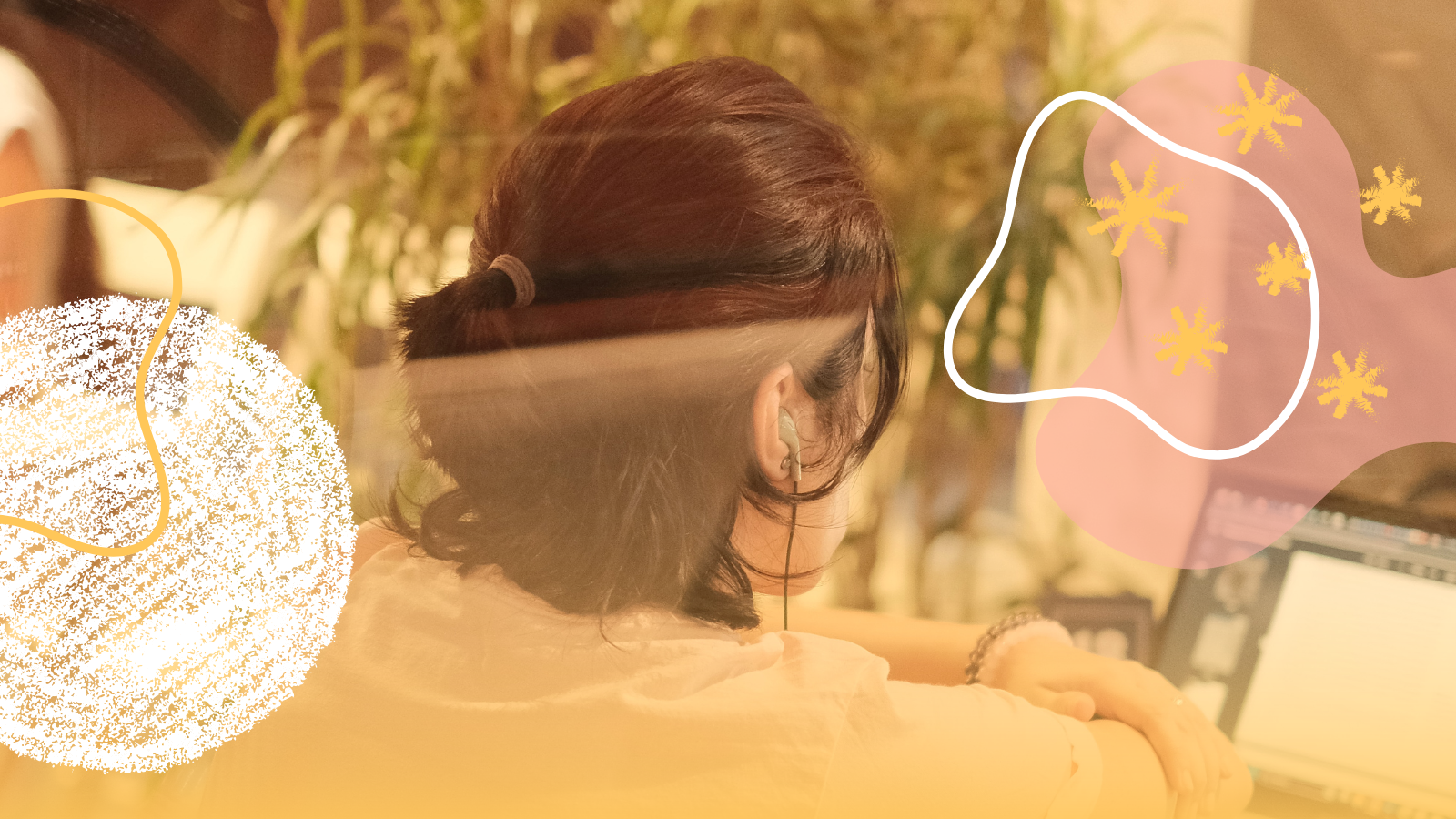 A young woman staring down at her laptop screen. Sketched abstract illustrations overlay the photo.