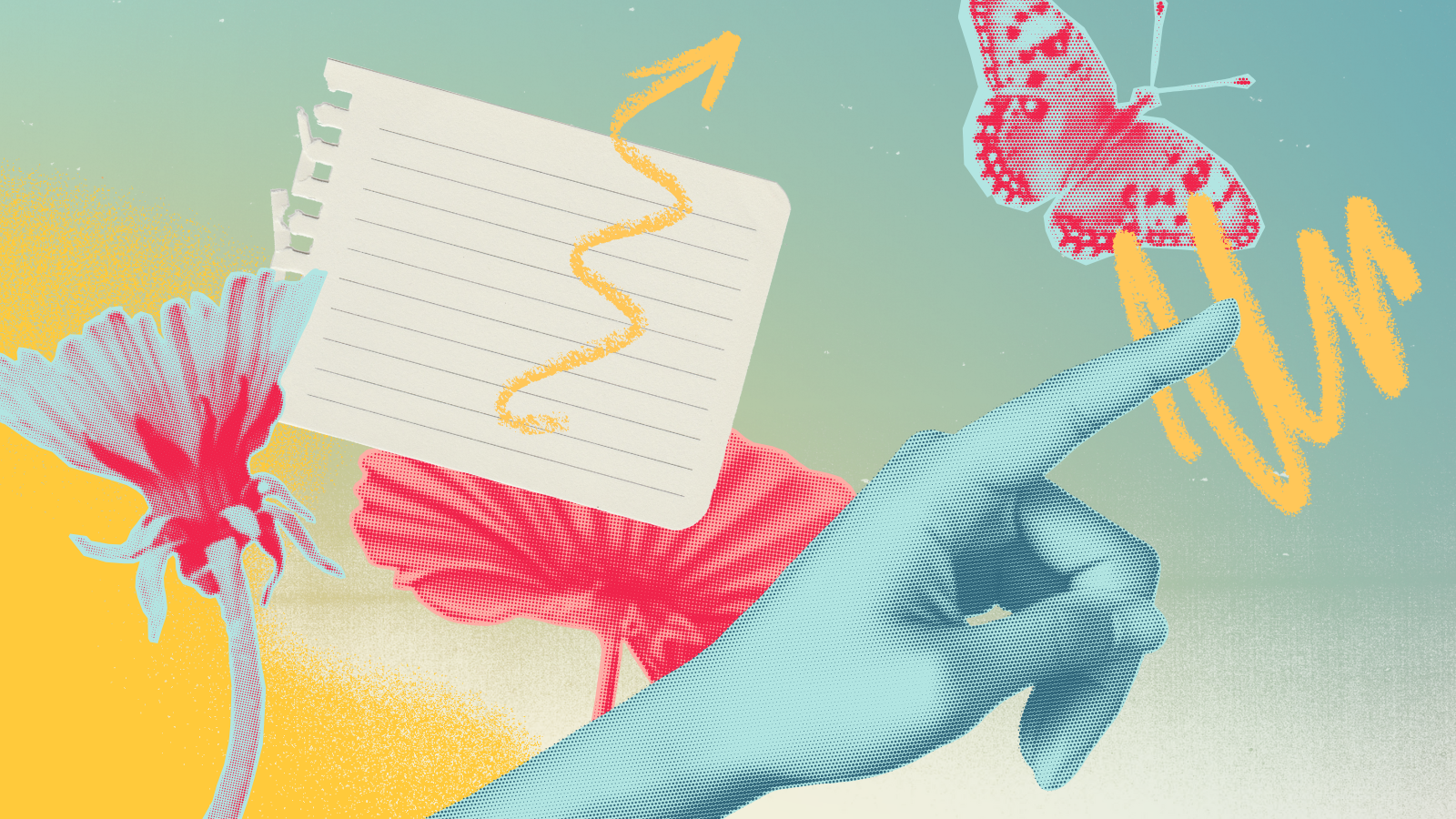A colorful illustrated collage featuring flowers, a piece of torn lined paper, a hand pointing upward and right, a butterfly, and some expressive squiggles.