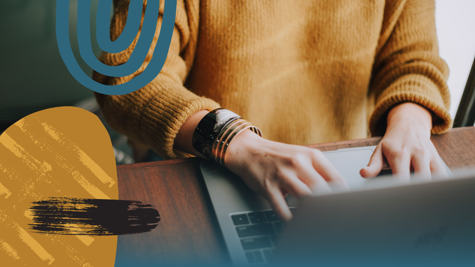 Closeup of a person's arms and hands, while sitting at a desk on their laptop typing. The image is layered with sketch illustrations in the forefront.