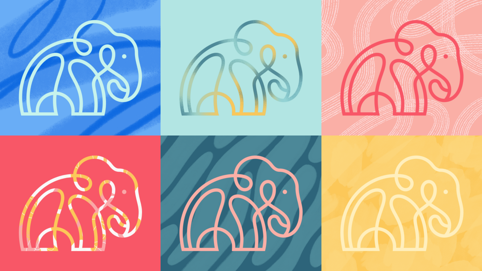 A set of the Candor elephant logo in colorful, sketched variations.