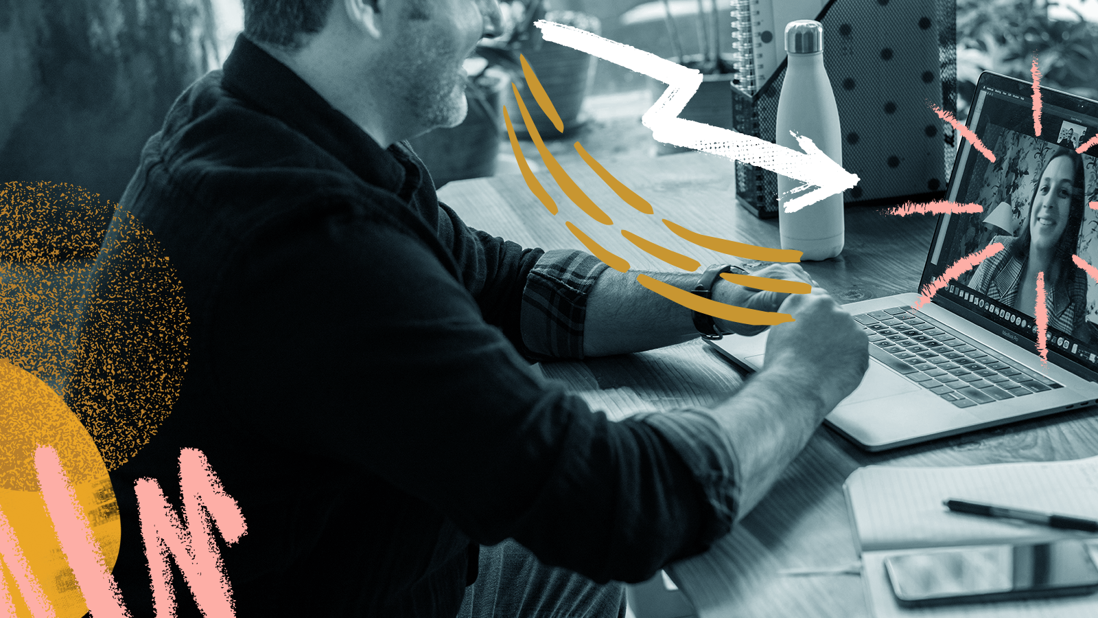 A man sitting at a work desk with his laptop, speaking to a coworker on a video call. Colorful, textured, expressive sketches overlay the image in various shapes reflecting the conversation.