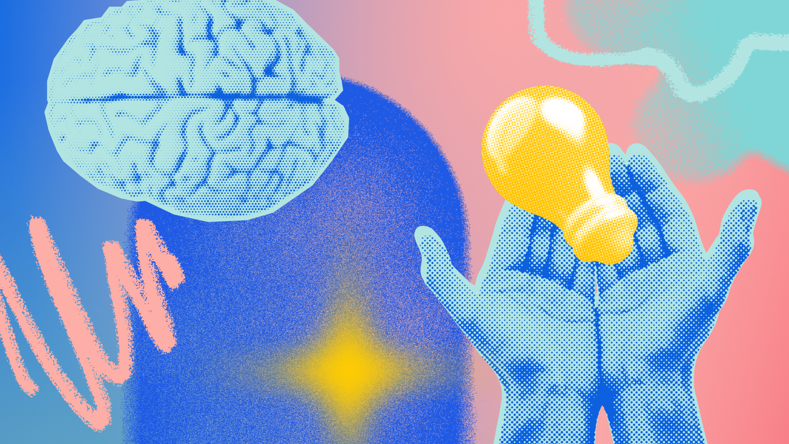 A vibrant abstract collage including faded and halftone visual elements, like two hands palms open holding a lightbulb, as well as a human brain.
