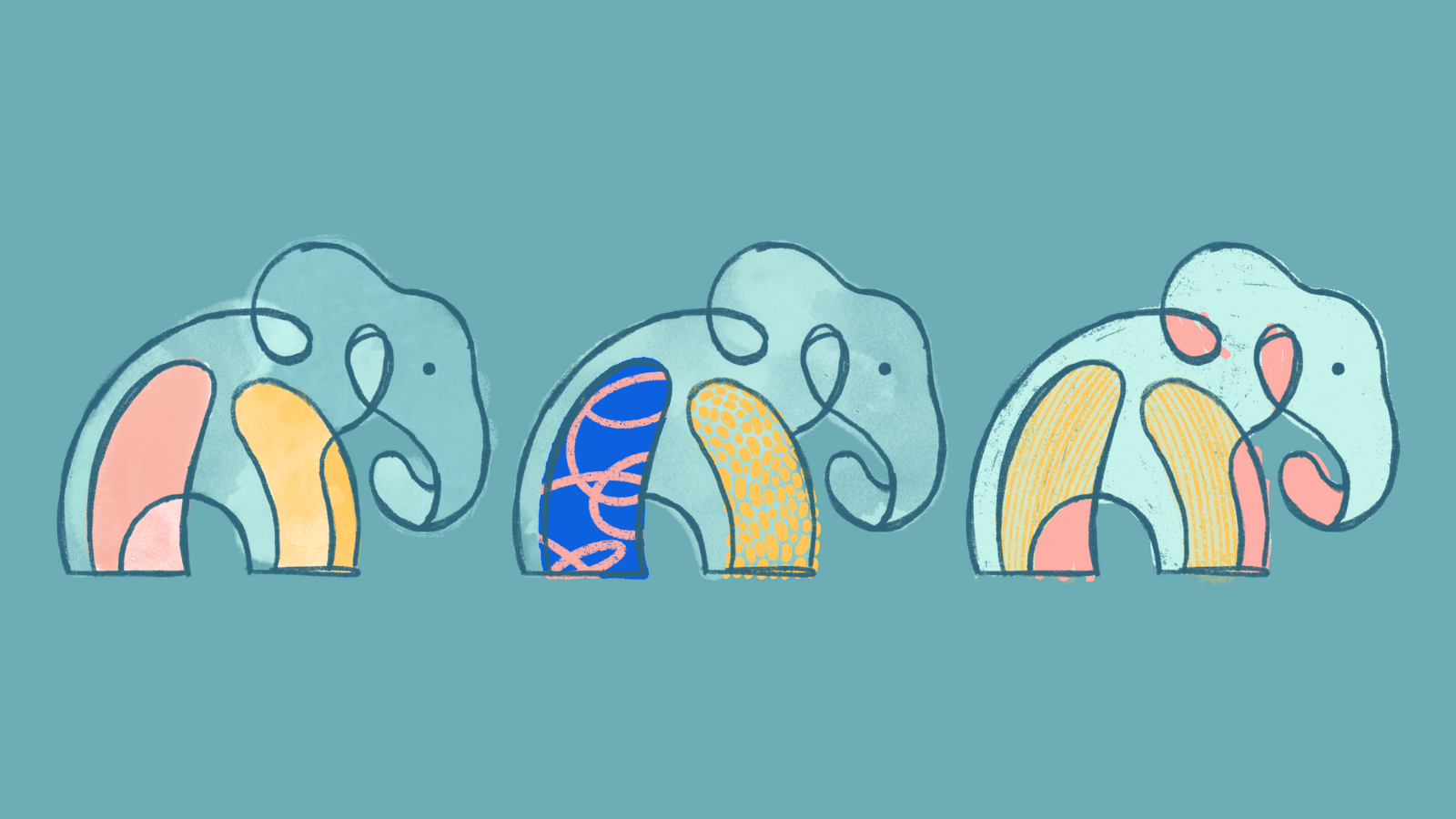 A set of three Candor elephant logos side by side, all sketched differently with various patterns and color combinations.