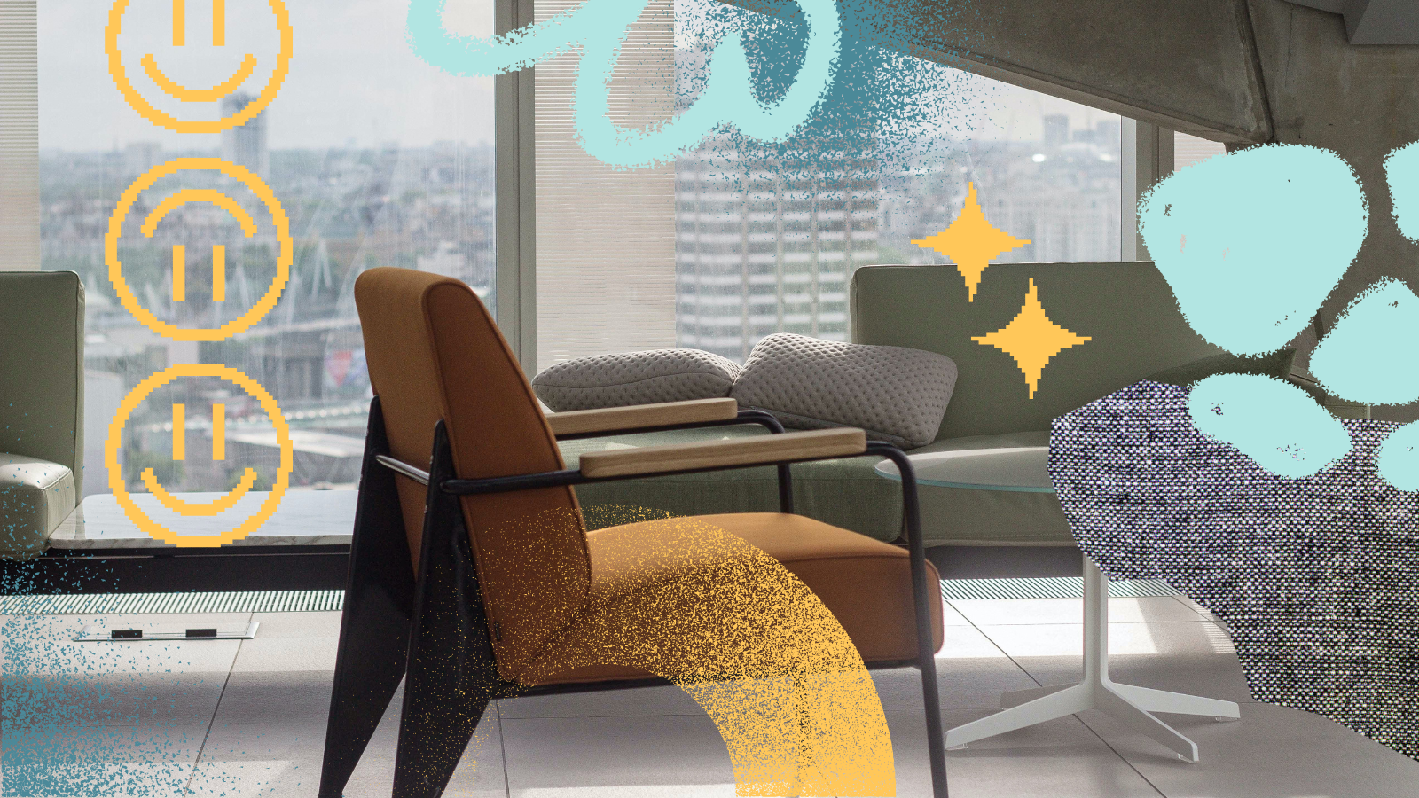 A closeup of two chairs and a table in modern office space in a skyscraper. There is a large window view in the background where you can see other city buildings.