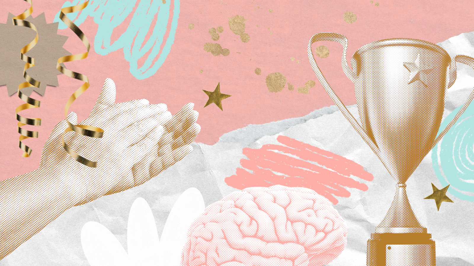 Collage-style image featuring a champion cup, a brain, golden stars, and confetti. The composition is adorned with a mix of textures in pink tones.