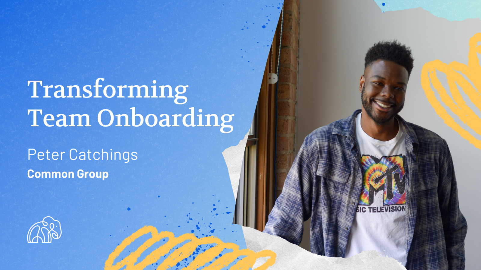 The image features Peter Catchings, Consultant Manager at Common Group, and the title 'Transforming Team Onboarding' against a blue collage-style background