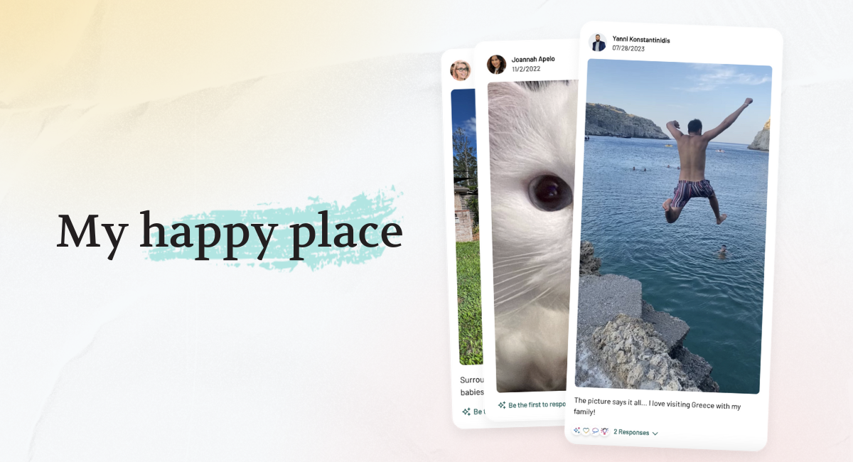 The image depicts “My Happy Place” Candor takes along with the title: “My Happy Place” with a blue paint underline. 