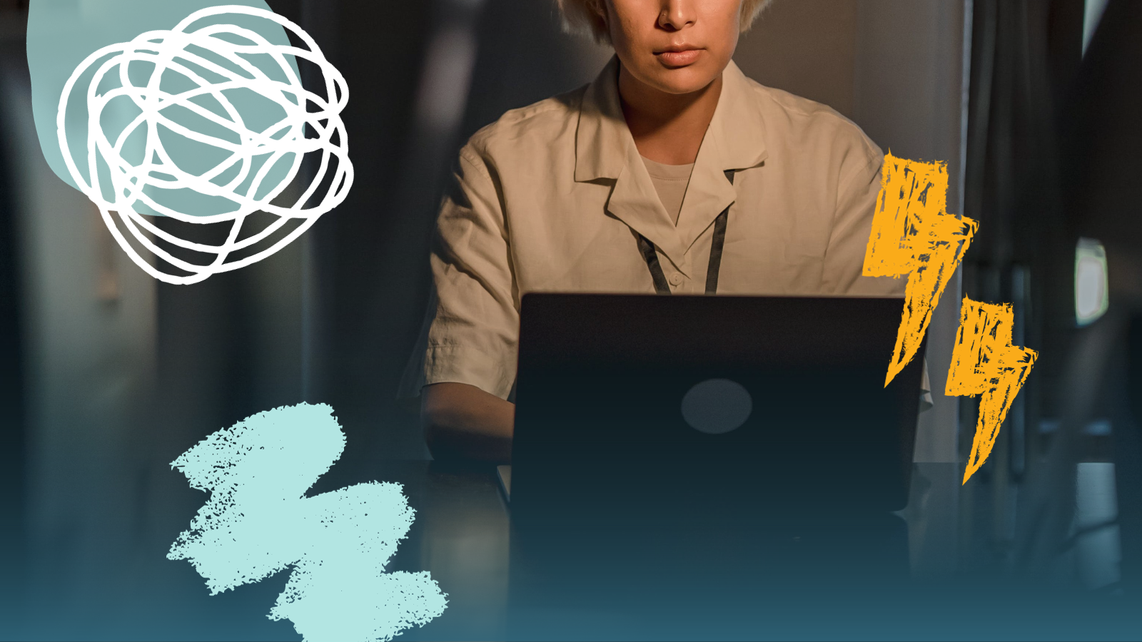 A young woman works on her laptop at night. On the upper layer of the image, sketch marks refer to a moment of deep focus. 