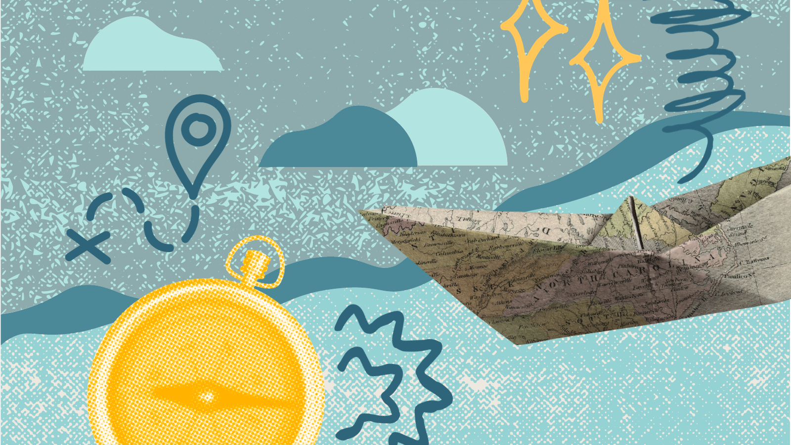 An illustration featuring a paper boat, a compass, and sketch marks over a teal background.