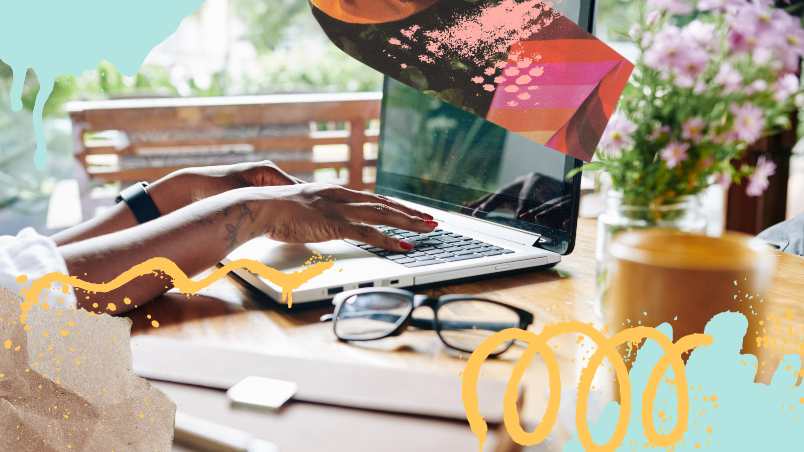  A collage-style illustration displaying a woman's hands writing on a laptop in an outdoor working space. 