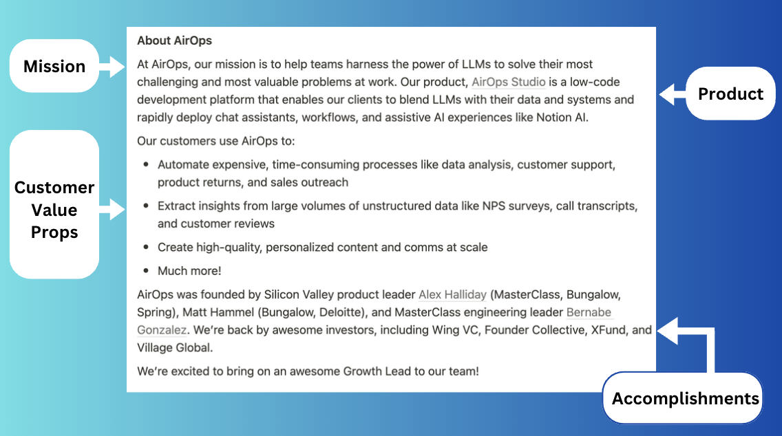 Example of an "about your company" section from AirOps