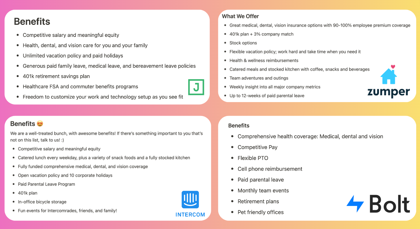 Examples of benefits sections for job descriptions from companies like Zumper and Bolt