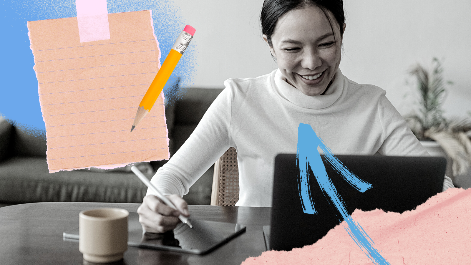 A collage-style illustration displaying a woman smiling at her laptop while taking notes in a notebook. 