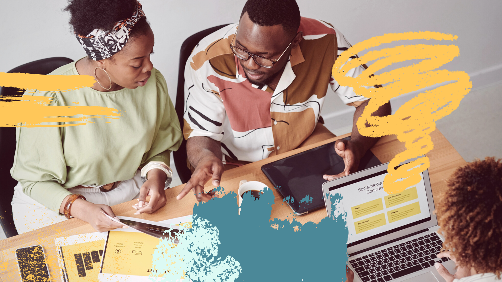 A photo of three teammates in a meeting, overlaid with blue and yellow sketch-like marks.