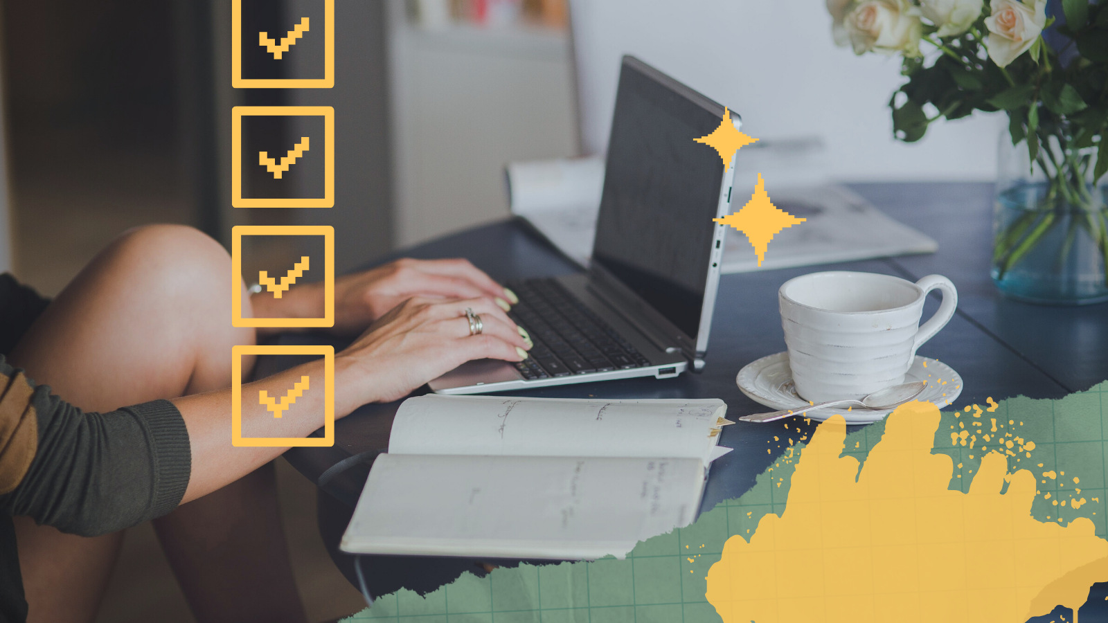  An illustration of hands typing on a laptop in a home office setting, with productivity icons and stars displayed in the top layer of the image.