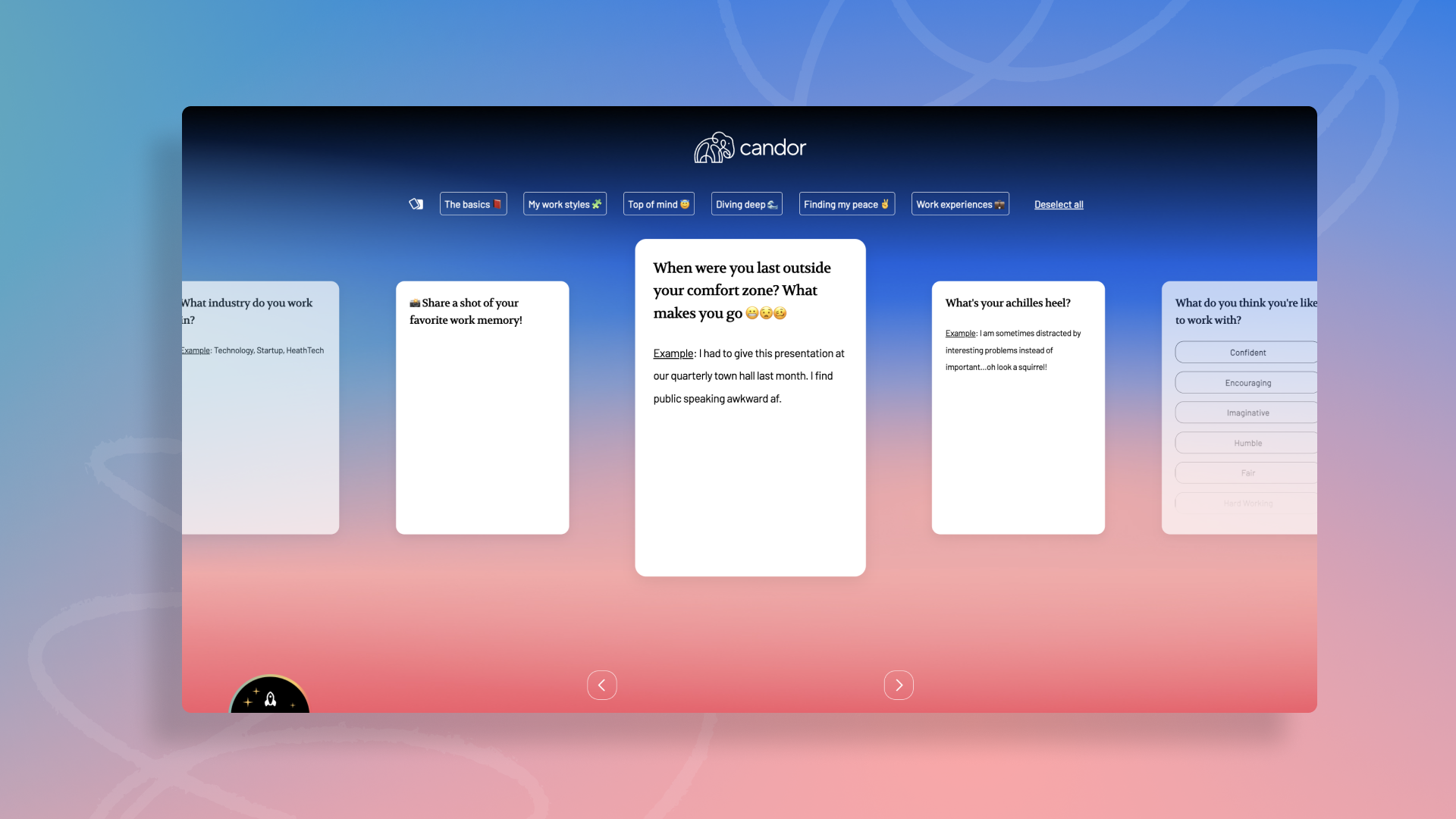 A print of the Candor platform showing a variety of Take cards users can choose from