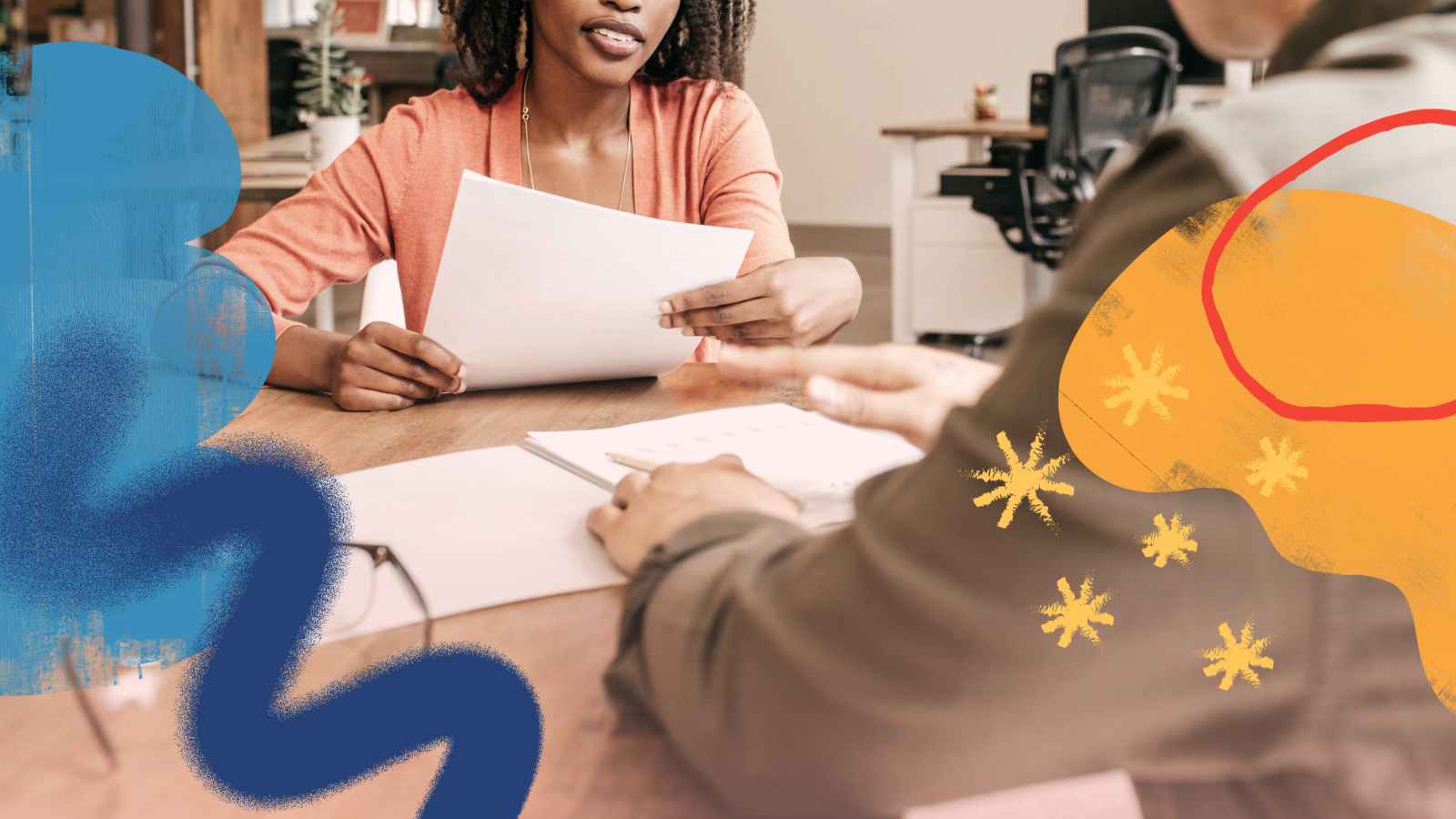 The collage-style image depicts a woman interviewing a candidate for a job role