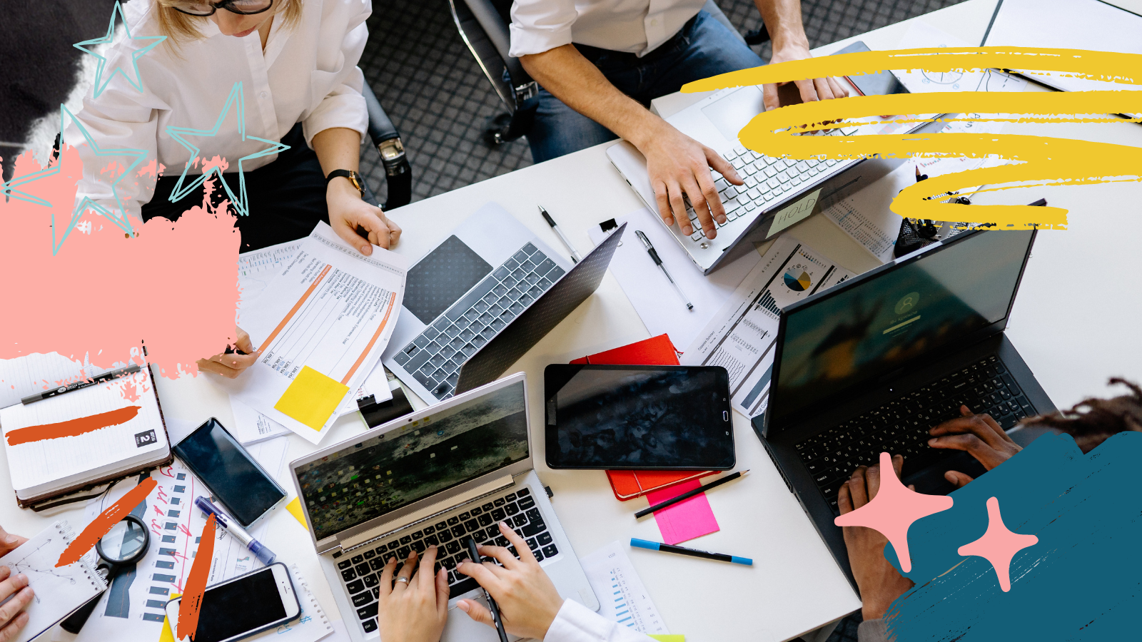 An image depicting a team collaborating using different tools