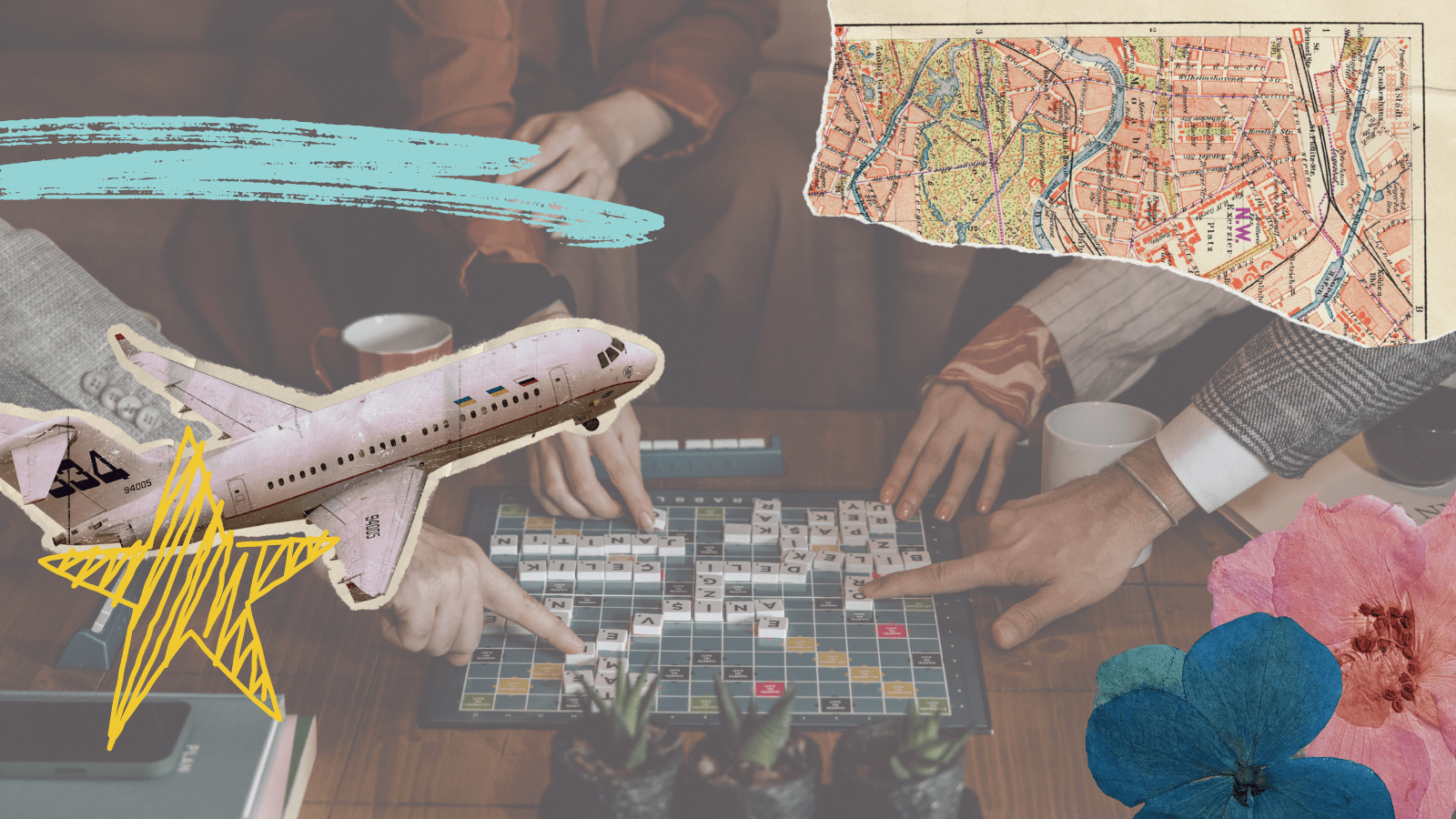 Team playing a game of scrabble as part of a team outing