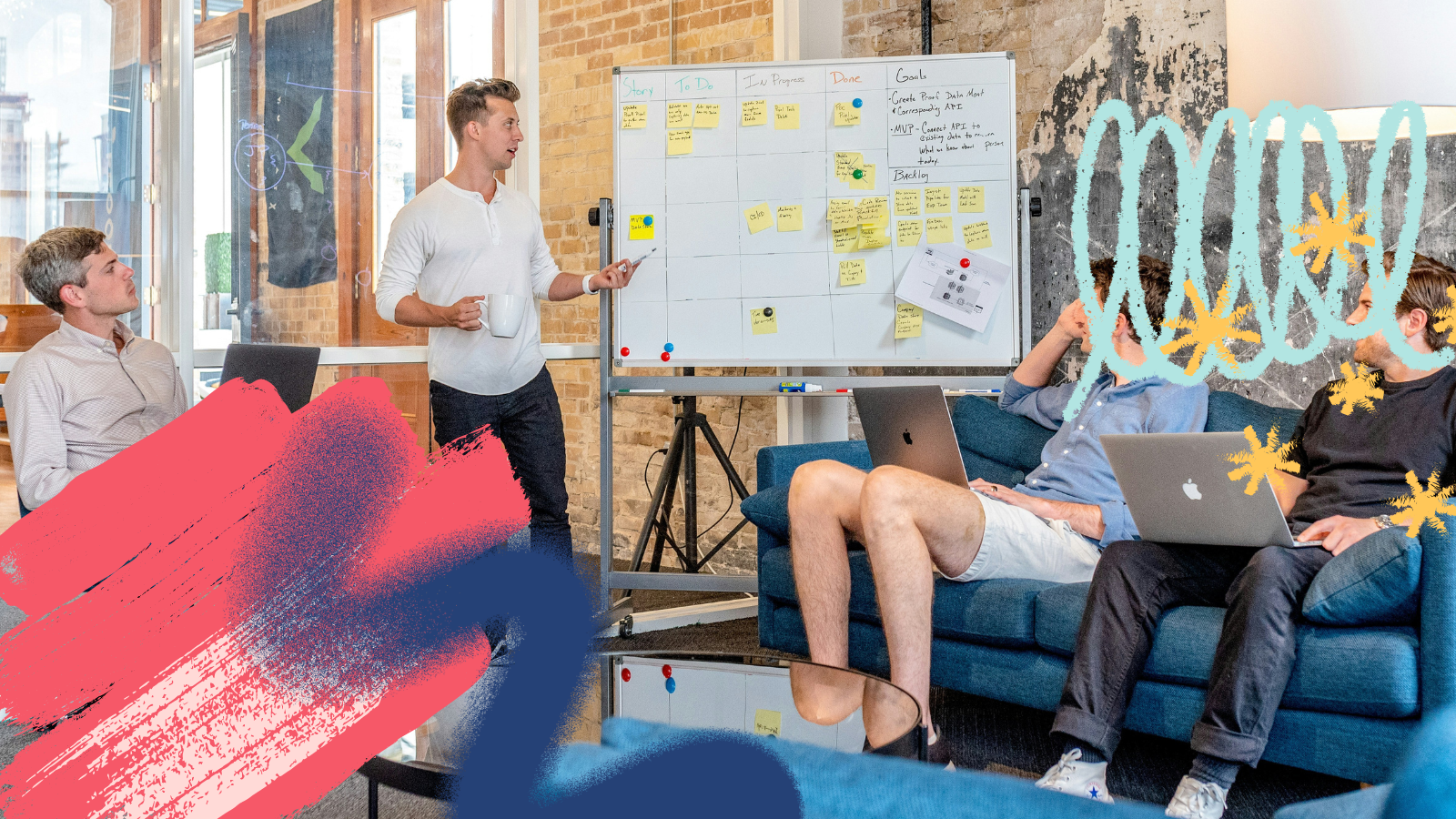 Team playing a game together using a whiteboard and post-it notes