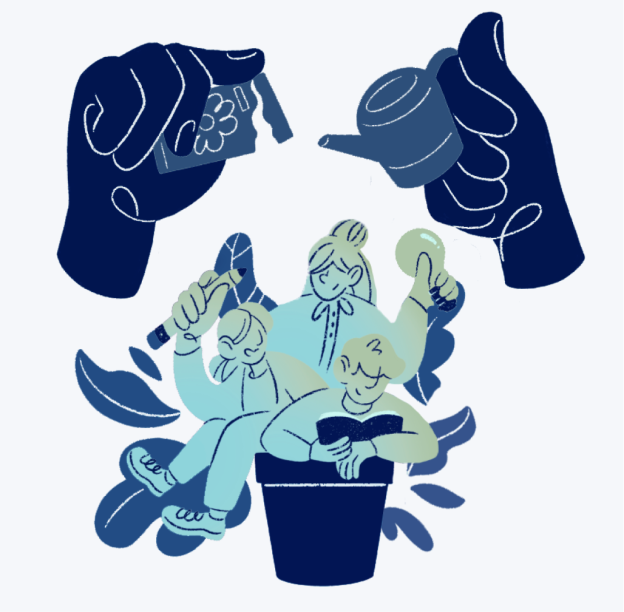 Hands watering people, representing growth at work
